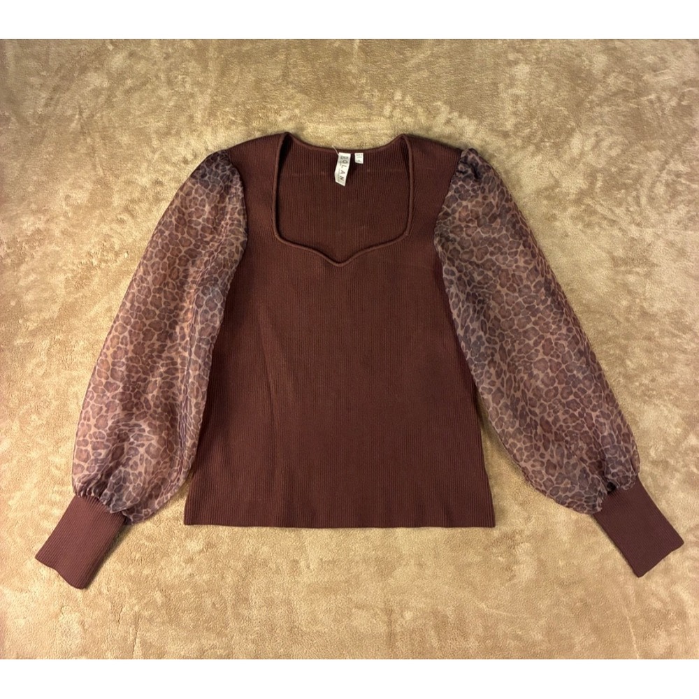 Dolan Womens Top XL Ribbed Sweetheart Chocolate Brown Sheer Leopard Puff Sleeves